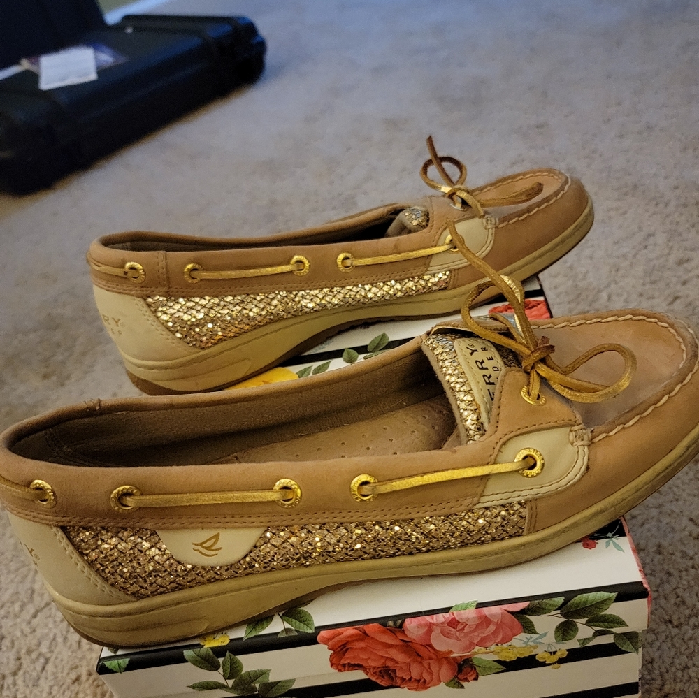 Sperry Top-sider Angelfish tan leather gold sequin boat shoes - Picture 2 of 7